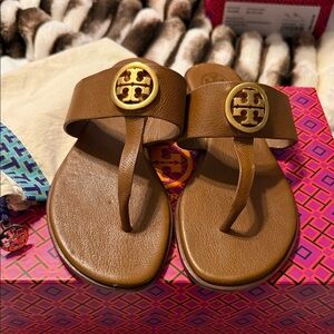 Tory Burch Brown Leather Logo Thong Sandals with Gold Medallions